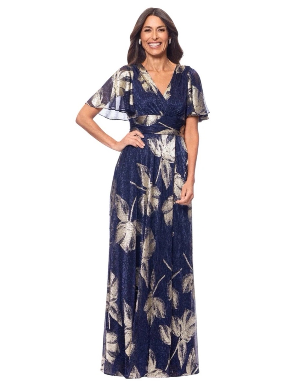 Betsy & Adam Navy and Gold Floral Wrap Maxi Dress 14W